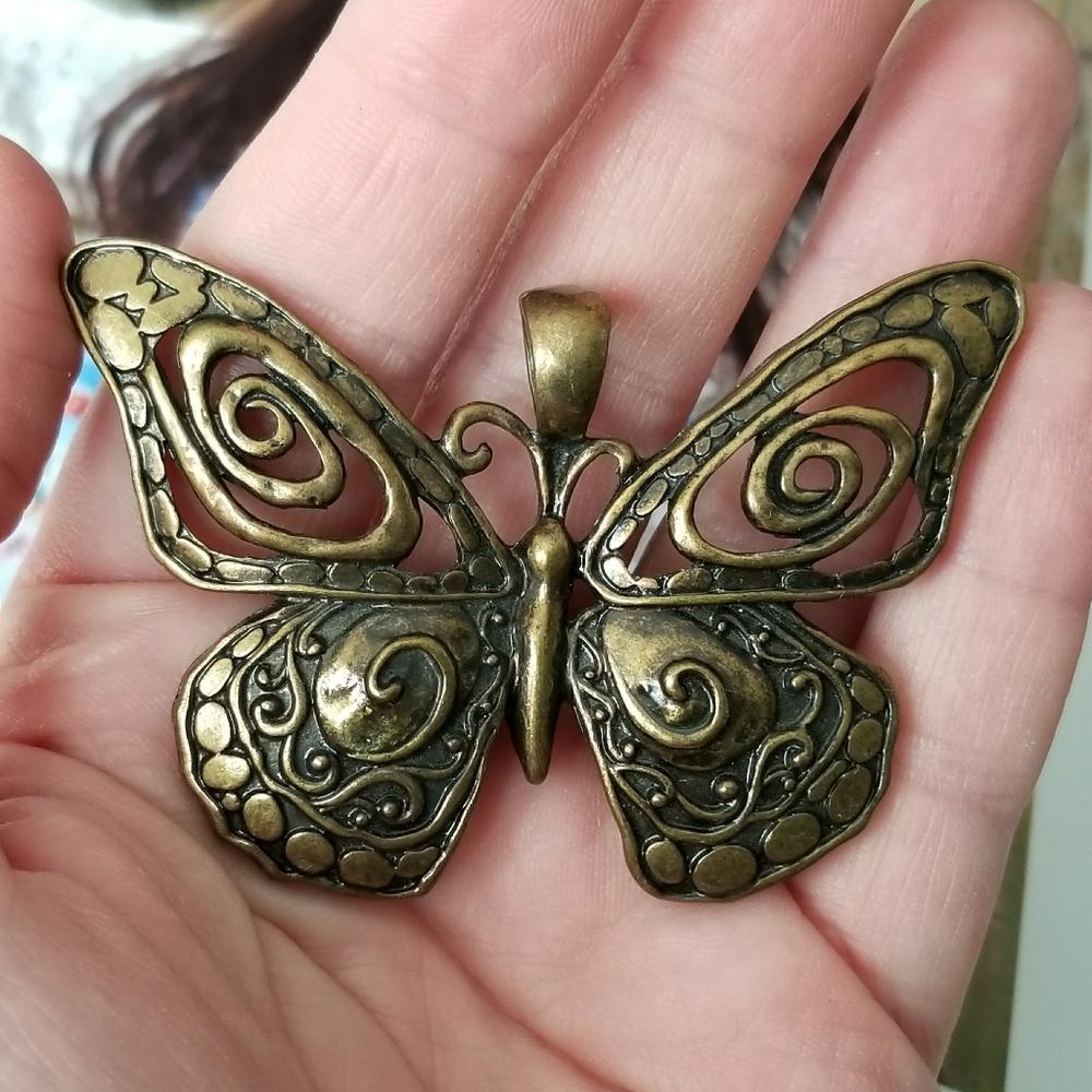 Relisted -Butterfly pendant antique gold tone moth insect - Picture 3 of 6